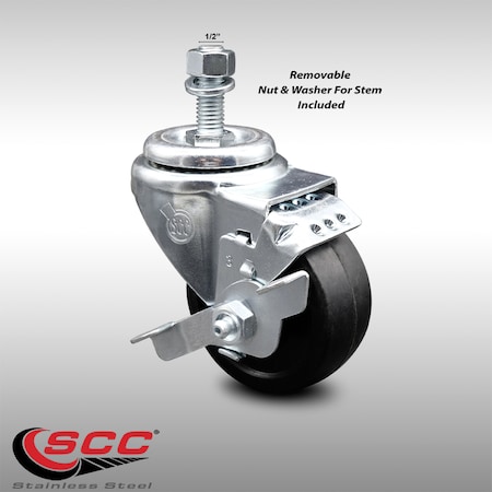 Service Caster 3 Inch SS Soft Rubber Wheel Swivel 1/2 Inch Threaded Stem Caster with Brake SCC SCC-SSTS20S314-SRS-TLB-121315